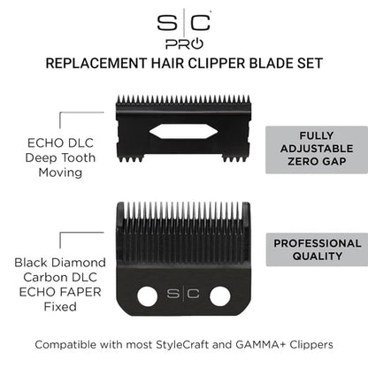 StyleCraft ECHO DLC Fixed Clipper Blade & Deep Tooth Cutter Set – Crunchy Fade Performance (SC545BL)