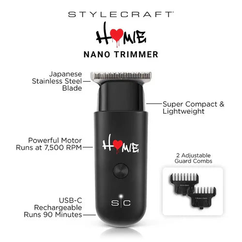 StyleCraft Homie USB-C Mini Trimmer — 7,500 RPM Rotary, Japanese Blade, 90-Min (SC415B)