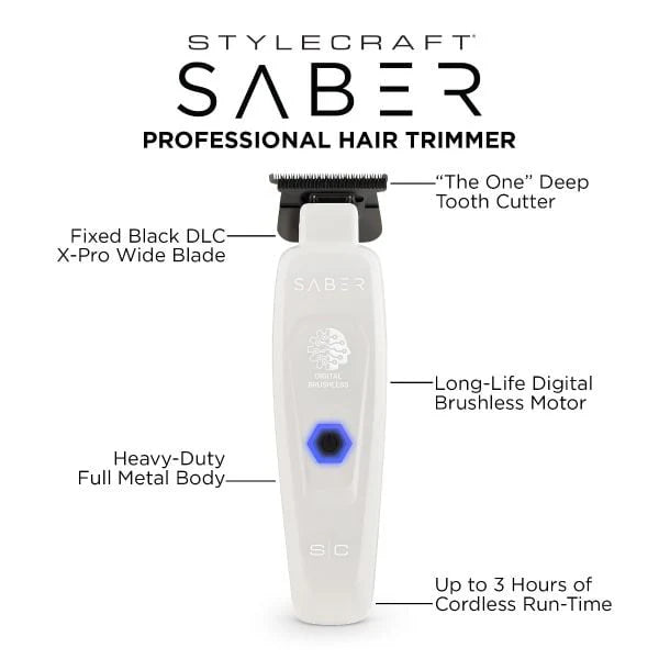 StyleCraft Saber™ Professional Brushless Metal Trimmer – Black Diamond DLC Blades, Zero-Gap, 4 Hr Cordless Runtime