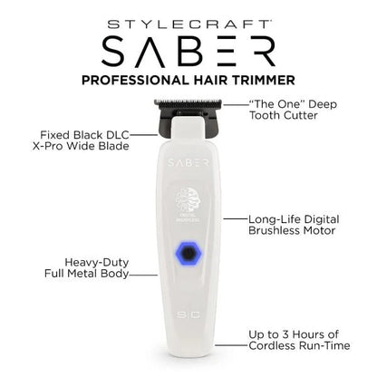 StyleCraft Saber™ Professional Brushless Metal Trimmer – Black Diamond DLC Blades, Zero-Gap, 4 Hr Cordless Runtime