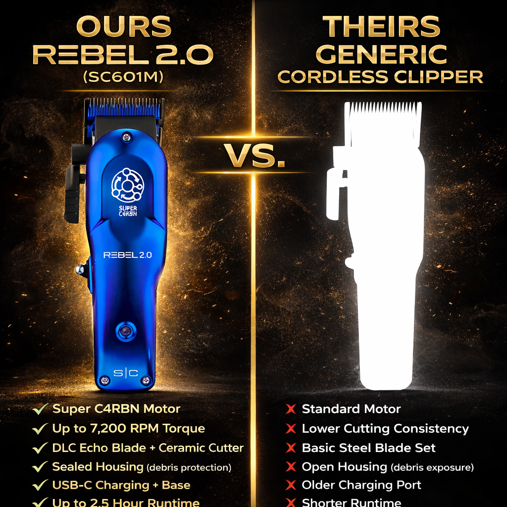 StyleCraft Rebel 2.0 Cordless Clipper – Super C4RBN Motor, DLC Echo Blade (SC601M)