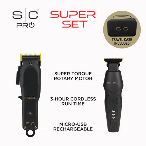 StyleCraft Rebel Clipper & Flex Trimmer Pro Set + Travel Case – Professional Barber Kit-SC-SC326B