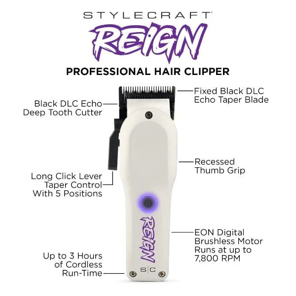 StyleCraft™ Reign Digital Brushless Clipper – SC620W | EON Motor 7800 RPM, USB-C Fast Charge, Echo DLC Taper Blade