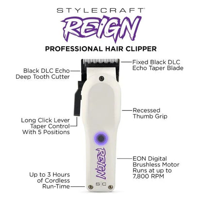 StyleCraft™ Reign Digital Brushless Clipper – SC620W | EON Motor 7800 RPM, USB-C Fast Charge, Echo DLC Taper Blade