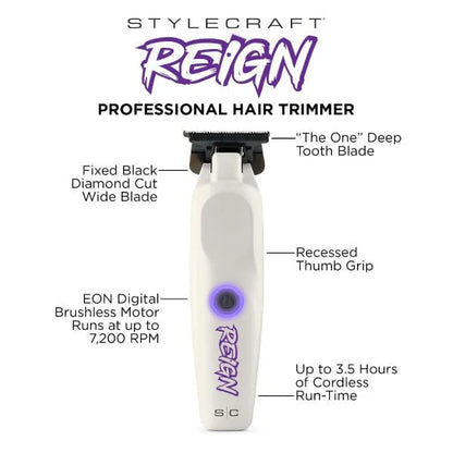 StyleCraft Reign™ EON Digital Brushless Cordless Trimmer – 7,200 RPM, DLC Wide Blade & USB-C