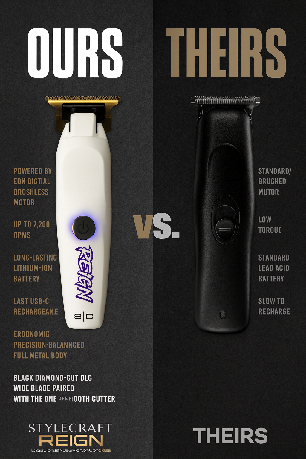 StyleCraft Reign™ EON Digital Brushless Cordless Trimmer – 7,200 RPM, DLC Wide Blade & USB-C