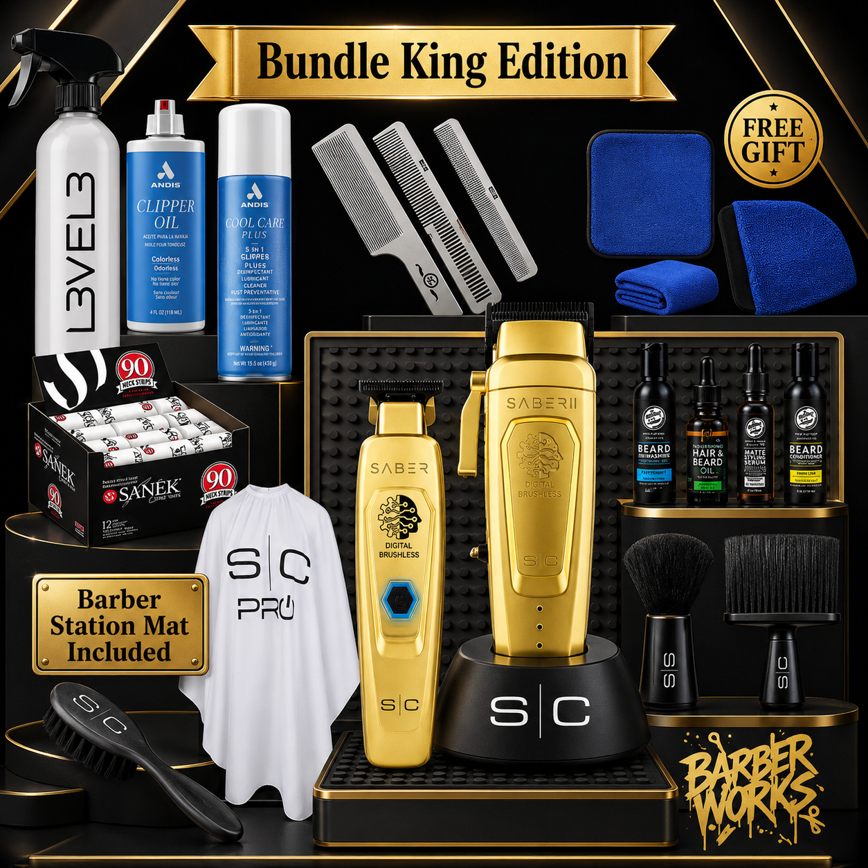 StyleCraft Saber II Gold Luxury Kit - Cordless Clipper, Trimmer & 9 Professional Accessories | Complete 14-Piece System | Bundle King Edition