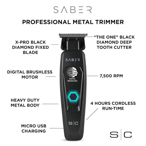 StyleCraft Saber™ Professional Brushless Metal Trimmer – Black Diamond DLC Blades, Zero-Gap, 4 Hr Cordless Runtime