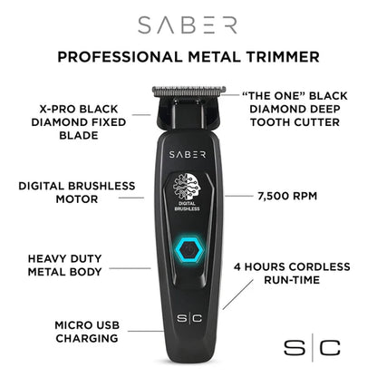 StyleCraft Saber™ Professional Brushless Metal Trimmer – Black Diamond DLC Blades, Zero-Gap, 4 Hr Cordless Runtime