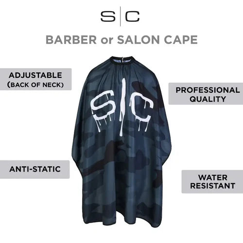 StyleCraft™ Black Camo Barber Cape – 57.5" Anti-Static, Water-Resistant Hair Cutting Cape with Adjustable Neck Closure (SC324B)