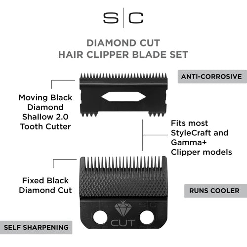 StyleCraft™ Diamond Cut Fixed Clipper Blade with Shallow 2.0 Moving Cutter Set (SC540B) – Black Diamond Carbon Fade Blade, Zero Gap Compatible
