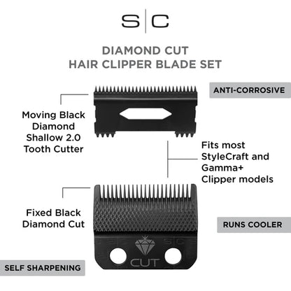 StyleCraft™ Diamond Cut Fixed Clipper Blade with Shallow 2.0 Moving Cutter Set (SC540B) – Black Diamond Carbon Fade Blade, Zero Gap Compatible