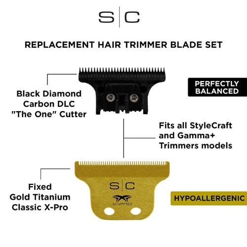 StyleCraft™ Fixed Gold Titanium Classic X-Pro Trimmer Blade with Black Diamond DLC “The One” Cutter Set (SC529GB) – Hypoallergenic, Zero Gap Adjustable, Professional Replacement Blade