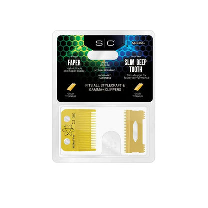 StyleCraft™ Fixed Gold Titanium Faper Clipper Blade with Slim Deep Cutter Set (SC525G) – Hypoallergenic, Zero Gap Adjustable, Professional Barber Blade
