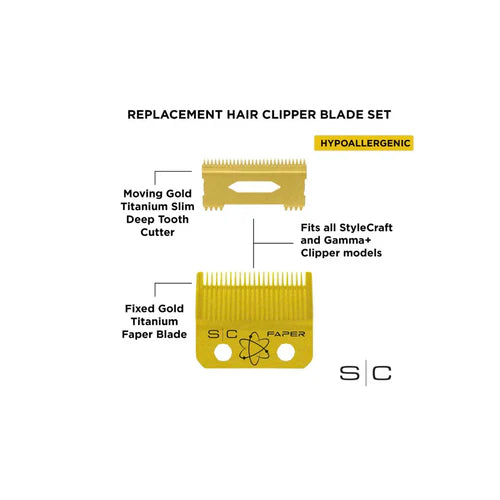 StyleCraft™ Fixed Gold Titanium Faper Clipper Blade with Slim Deep Cutter Set (SC525G) – Hypoallergenic, Zero Gap Adjustable, Professional Barber Blade