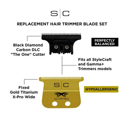 StyleCraft™ Fixed Gold Titanium X-Pro Wide Trimmer Blade with Black Diamond DLC “The One” Cutter Set (SC527GB) – Hypoallergenic, Zero Gap Compatible
