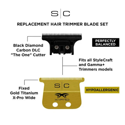 StyleCraft™ Fixed Gold Titanium X-Pro Wide Trimmer Blade with Black Diamond DLC “The One” Cutter Set (SC527GB) – Hypoallergenic, Zero Gap Compatible