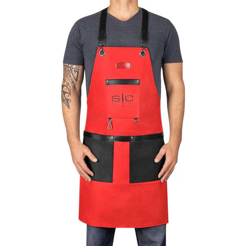 StyleCraft™ Heavy-Duty Red & Black Waterproof Barber Apron – Hair-Repellent with Crossback Straps & Tool Loops (SC315R)
