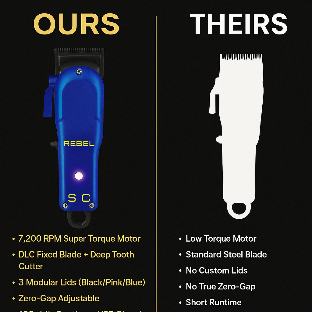 StyleCraft™ Rebel Super-Torque Modular Cordless Clipper – 7,200 RPM Fade & Bulk-Cutting Machine