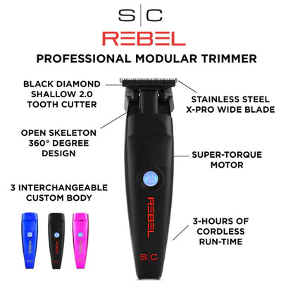 StyleCraft™ Rebel Professional Super-Torque Modular Cordless Trimmer (SC409M) – X-Pro Wide Blade, 3 Covers, 7,500 RPM Motor