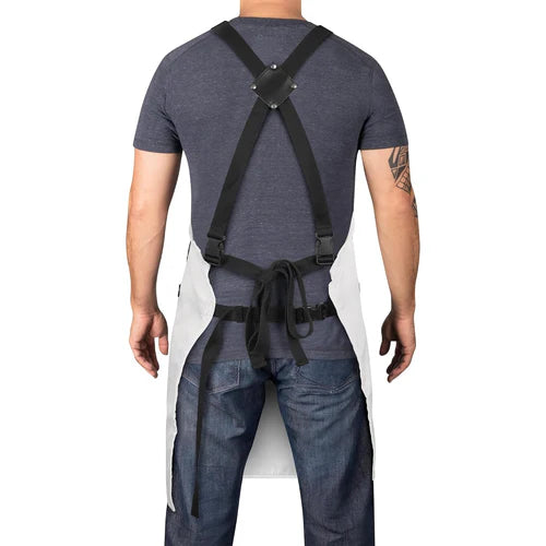 StyleCraft™ White Barber Apron – Heavyweight, Water-Repellent with Adjustable Cross-Back Straps
