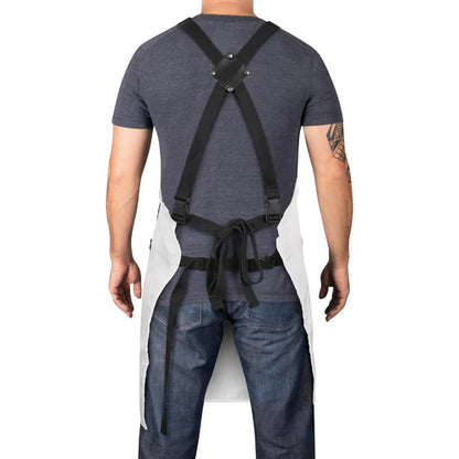 StyleCraft™ White Barber Apron – Heavyweight, Water-Repellent with Adjustable Cross-Back Straps