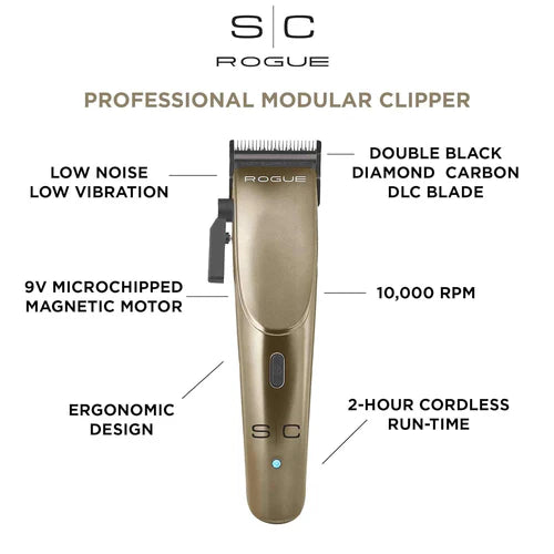 StyleCraft Rogue™ Magnetic Motor Clipper – 10,000 SPM Turbo Power | Black Diamond DLC Fade Blade, 120-Min Cordless Runtime