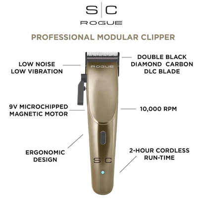 StyleCraft Rogue™ Magnetic Motor Clipper – 10,000 SPM Turbo Power | Black Diamond DLC Fade Blade, 120-Min Cordless Runtime