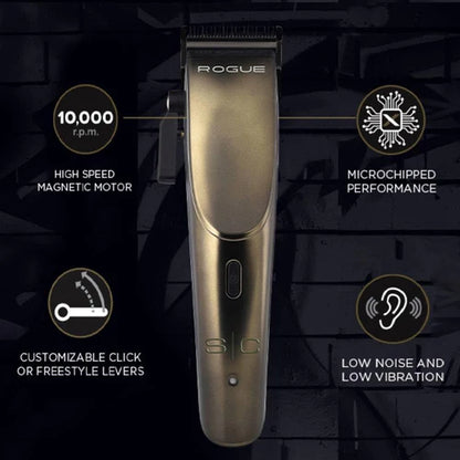 StyleCraft Rogue™ Magnetic Motor Clipper – 10,000 SPM Turbo Power | Black Diamond DLC Fade Blade, 120-Min Cordless Runtime