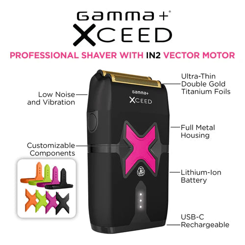 Gamma+ XCEED™ IN2 Vector Motor Cordless Double Foil Shaver – 11,500 RPM, Customizable Metal Body, 2 Hr Runtime (GP803B)