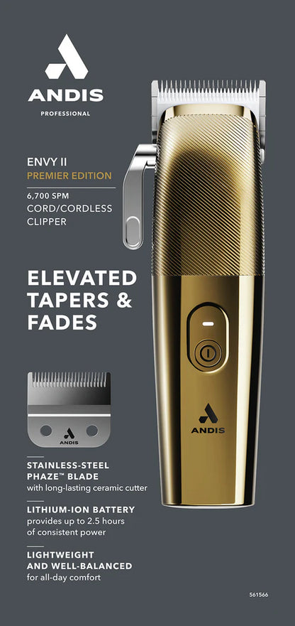 Andis Envy II™ Premium Gold Edition — Phaze Blade Cordless Clipper | 6,700 SPM · 2.5 hr Charging Stand (561566)