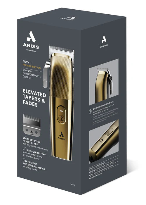 Andis Envy II™ Premium Gold Edition — Phaze Blade Cordless Clipper | 6,700 SPM · 2.5 hr Charging Stand (561566)