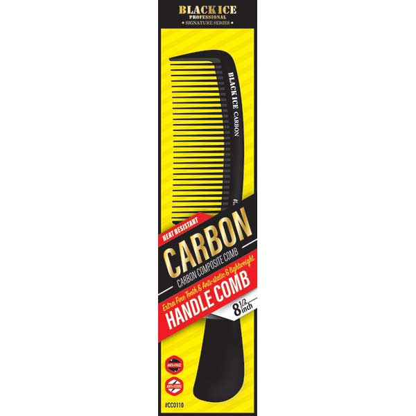 Black Ice carbon handle comb packaging on a white background