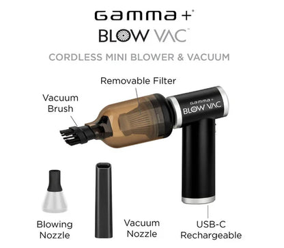 Gamma+™ Blow Vac 2-in-1 Mini Air Blower & Vacuum – Cordless USB-C Rechargeable Barber Cleaning Tool with 100,000 RPM Brushless Motor