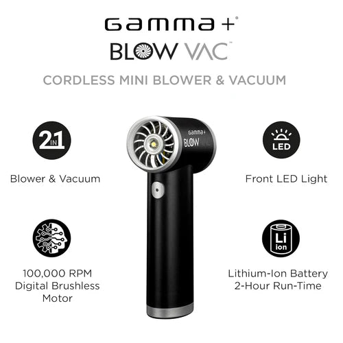 Gamma+™ Blow Vac 2-in-1 Mini Air Blower & Vacuum – Cordless USB-C Rechargeable Barber Cleaning Tool with 100,000 RPM Brushless Motor