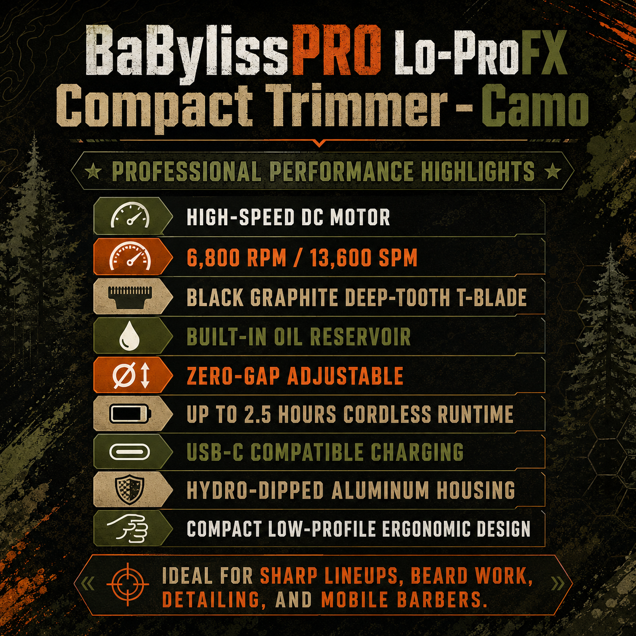 BaBylissPRO Lo-ProFX Compact Trimmer Camo FX72CAM – 6800 RPM Deep Tooth T-Blade Professional Barber Trimmer