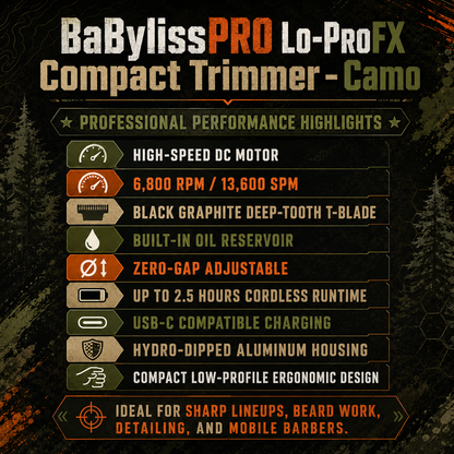 BaBylissPRO Lo-ProFX Compact Trimmer Camo FX72CAM – 6800 RPM Deep Tooth T-Blade Professional Barber Trimmer