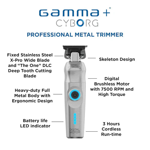 Gamma+ CYBORG™ Cordless Professional Trimmer – Digital Brushless Motor, Zero-Gap X-Pro DLC Blade, 3-Hour Runtime