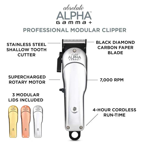 Gamma+™ Absolute Alpha Cordless Hair Clipper – Modular Design with Black Diamond Blade, Gold Titanium Cutter & 3 Custom Body Kits