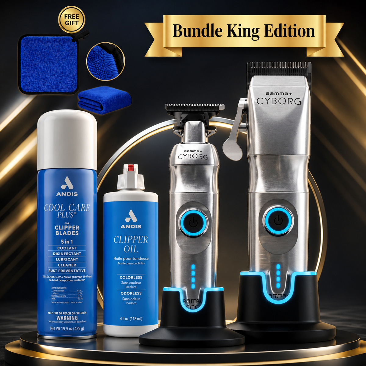 Gamma+ Cyborg Final Edition Kit – Clipper & Trimmer (DISCONTINUED - ONLY 6 LEFT!) + Cool Care Spray & Blade Oil | Last Chance Professional 2-Tool System | Bundle King