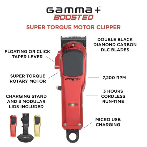 Gamma+ Boosted Cordless Clipper – Super Torque Motor, 3 Housings, Magnetic Guards, Charging Dock (Gold/Red/Black)