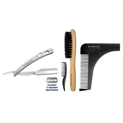 Scalpmaster™ 4-Piece Beard Grooming Kit — Razor, Boar Brush, Mustache Comb & Styling Tool