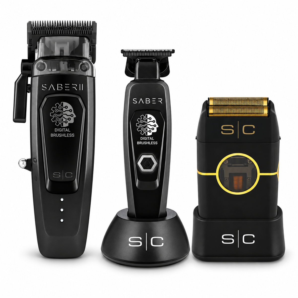 StyleCraft Saber Black clipper trimmer and Instinct shaver workstation