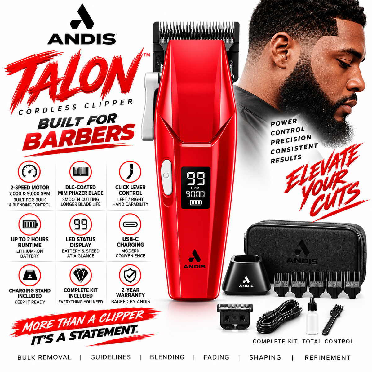 Andis Talon Cordless Clipper – 2-Speed PhazeR DLC Blade