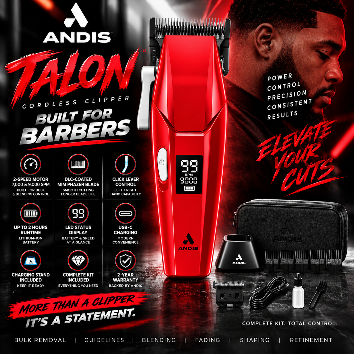 Andis Talon Cordless Clipper – 2-Speed PhazeR DLC Blade