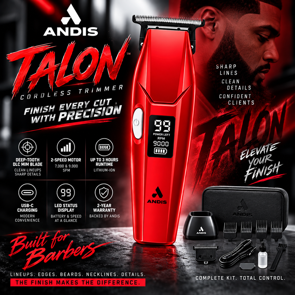 Andis Talon Cordless Trimmer – 2-Speed DLC Deep-Tooth Blade